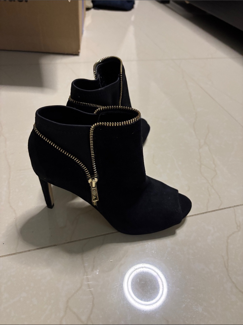 Sergio Rossi Black Suede Peep-Toe Ankle Booties with Gold Zippers